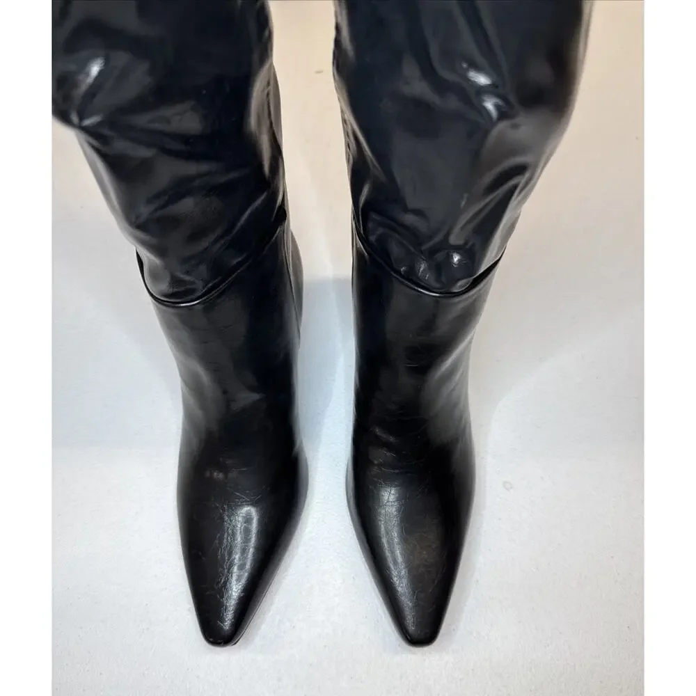 CELLENZ Faux Leather Knee High Boots Pointed Toe Low Kitten Heel Black Size 7